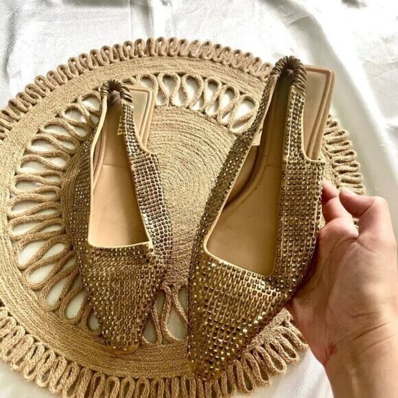 Zara Sparkly Slingback Gold Pointed Toe Rhinestone Flats Size 39 - Picture 2 of 9